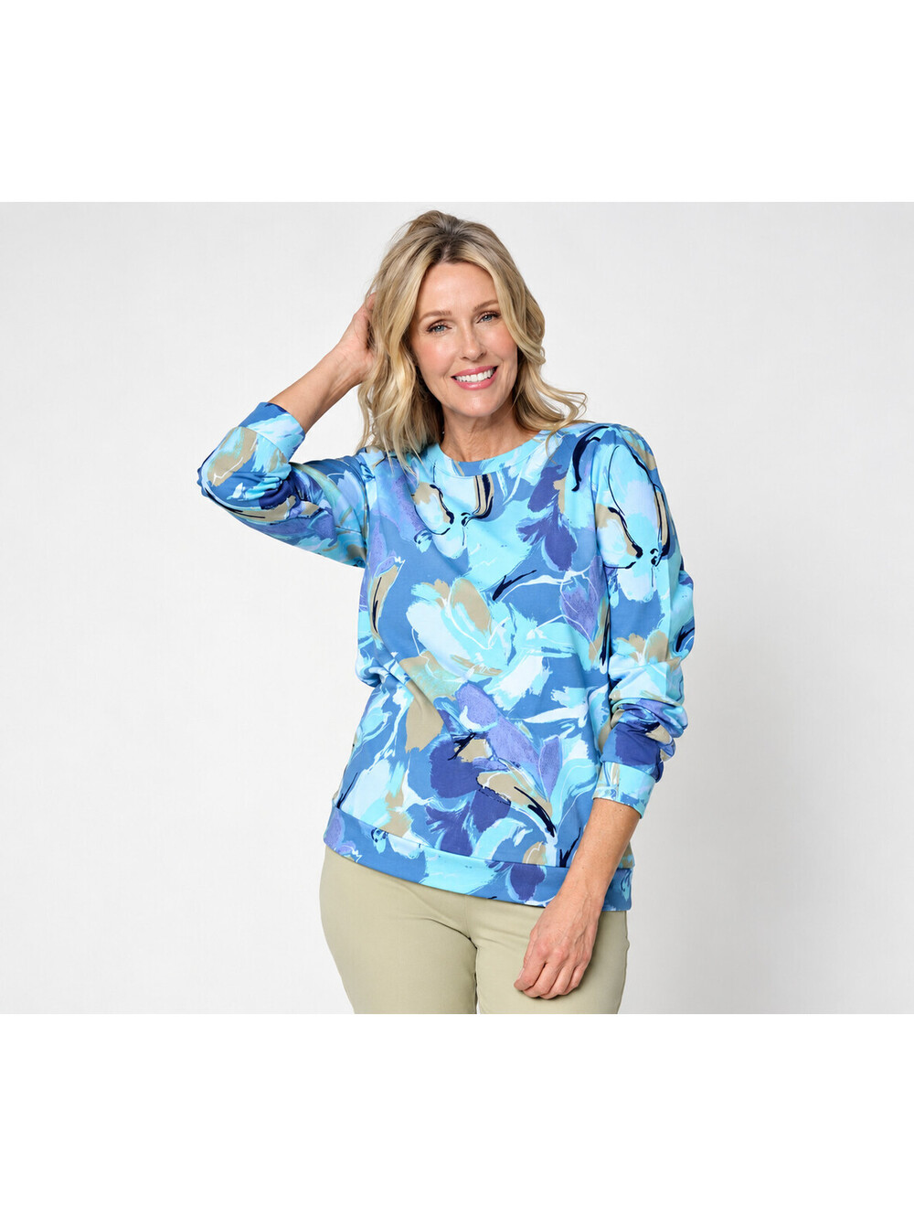 Denim & Co. Active Floral or Ombre French Terry Pullover Denim Floral, Size 2X